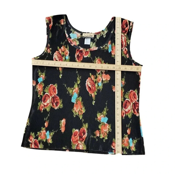 Vintage 90s Y2K CDW Black Red Floral Pleated Sleeveless Shell Blouse Top L - Picture 5 of 13